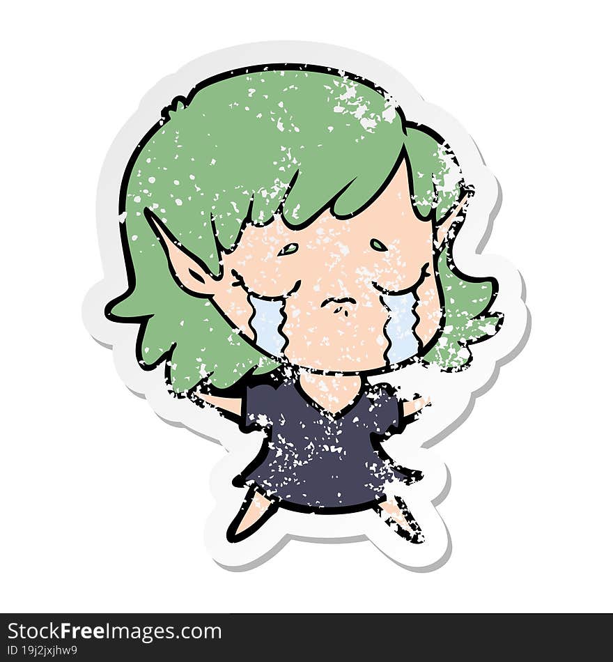 Distressed Sticker Of A Cartoon Crying Elf Girl