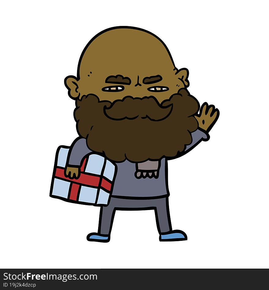 cartoon man with beard frowning with xmas gift. cartoon man with beard frowning with xmas gift