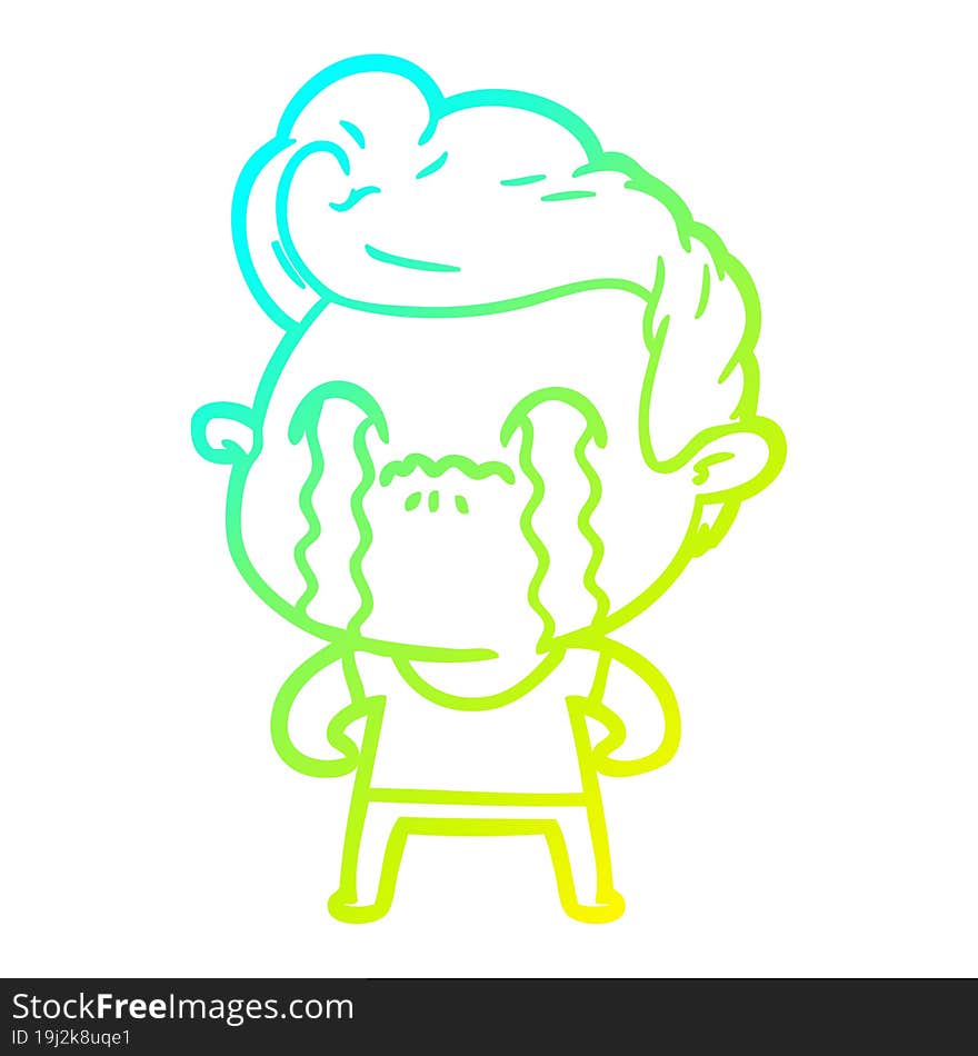 cold gradient line drawing of a cartoon man crying