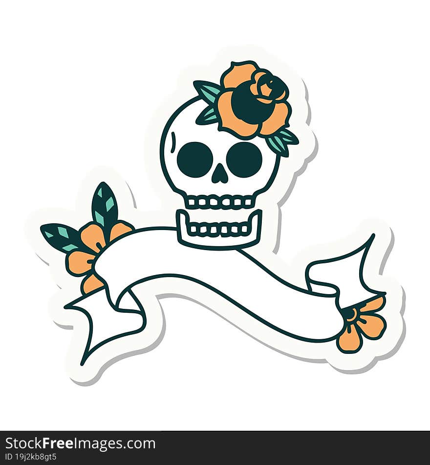 tattoo style sticker with banner of a skull and rose