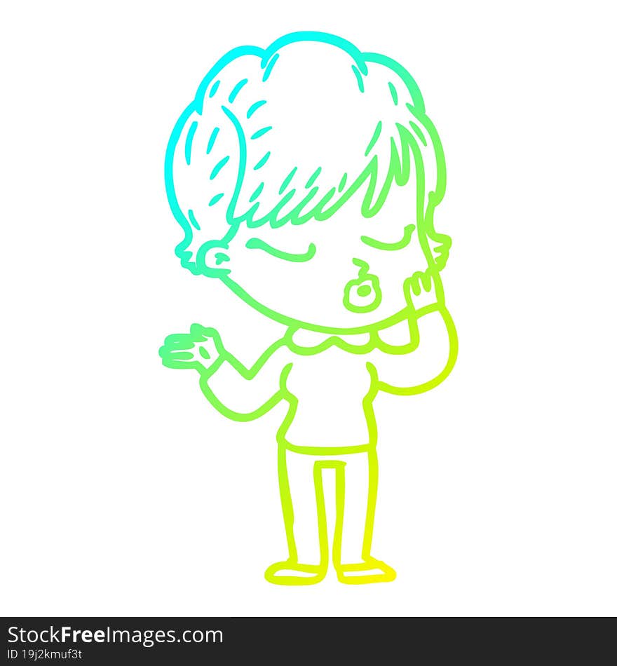 cold gradient line drawing cartoon woman with eyes shut