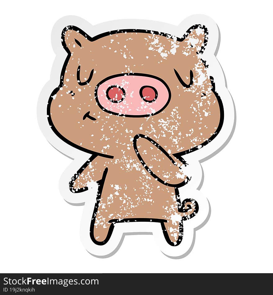 distressed sticker of a cartoon content pig