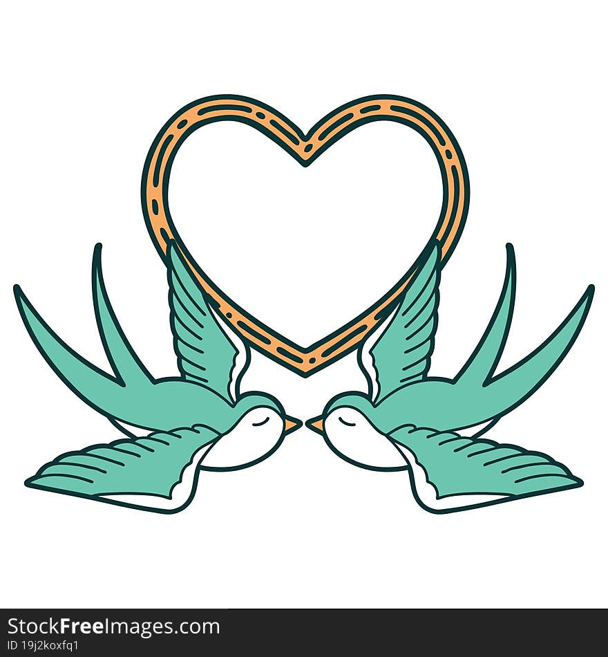 iconic tattoo style image of swallows and a heart. iconic tattoo style image of swallows and a heart