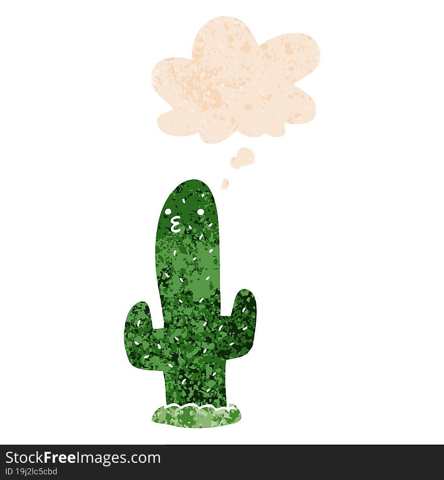 cartoon cactus and thought bubble in retro textured style