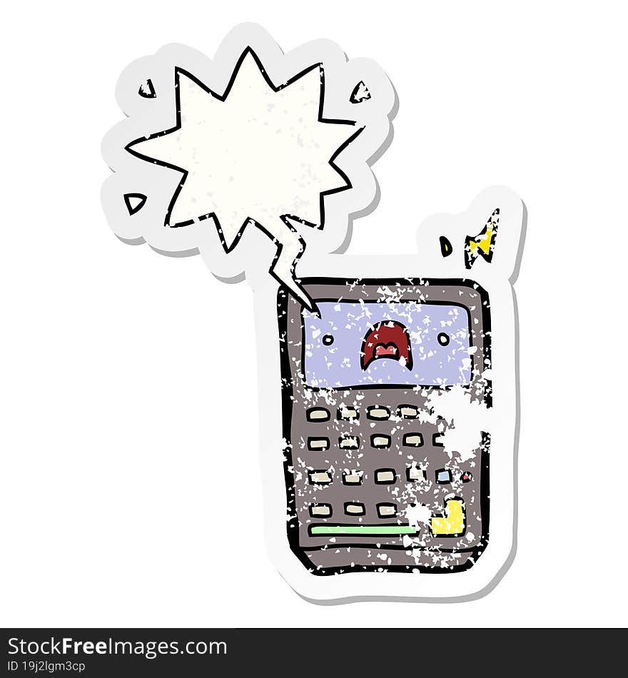 cartoon calculator with speech bubble distressed distressed old sticker. cartoon calculator with speech bubble distressed distressed old sticker