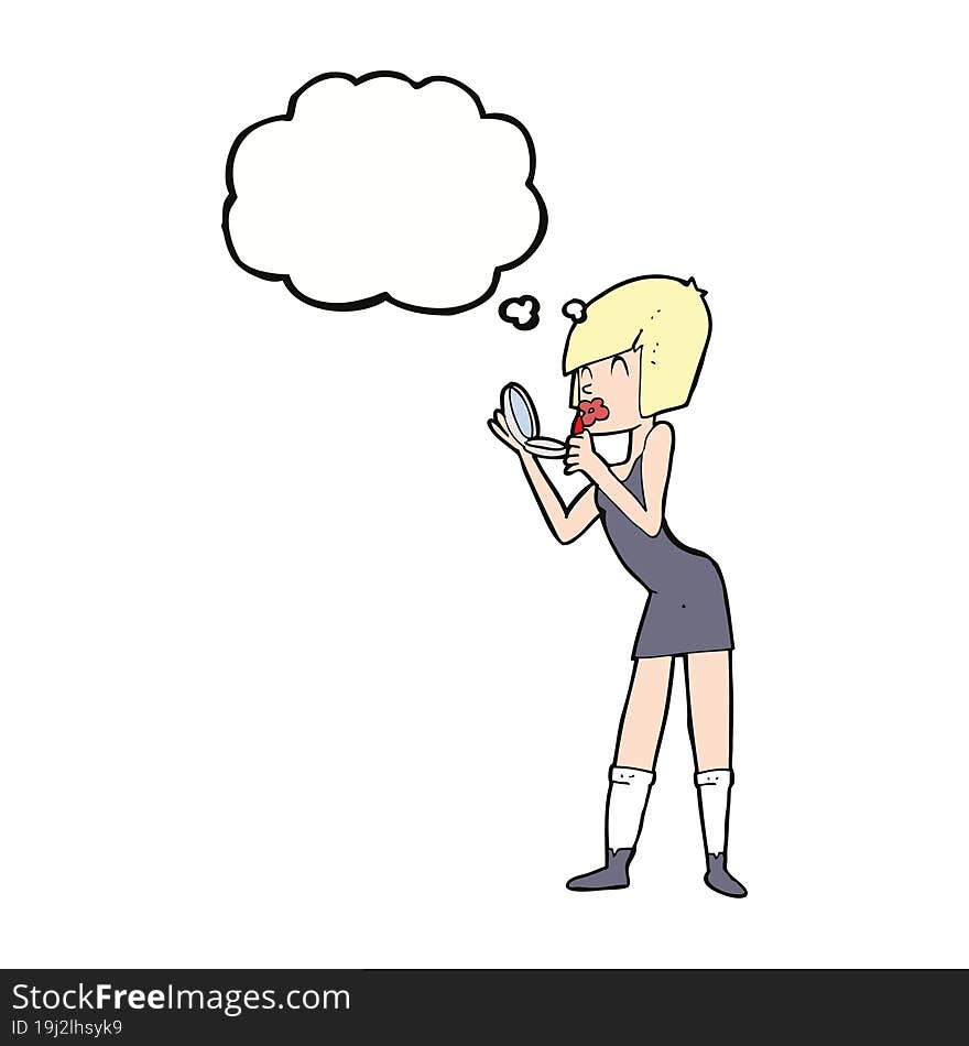 cartoon woman applying lipstick with thought bubble