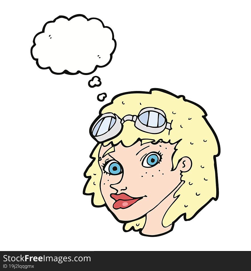 cartoon happy woman wearing aviator goggles with thought bubble