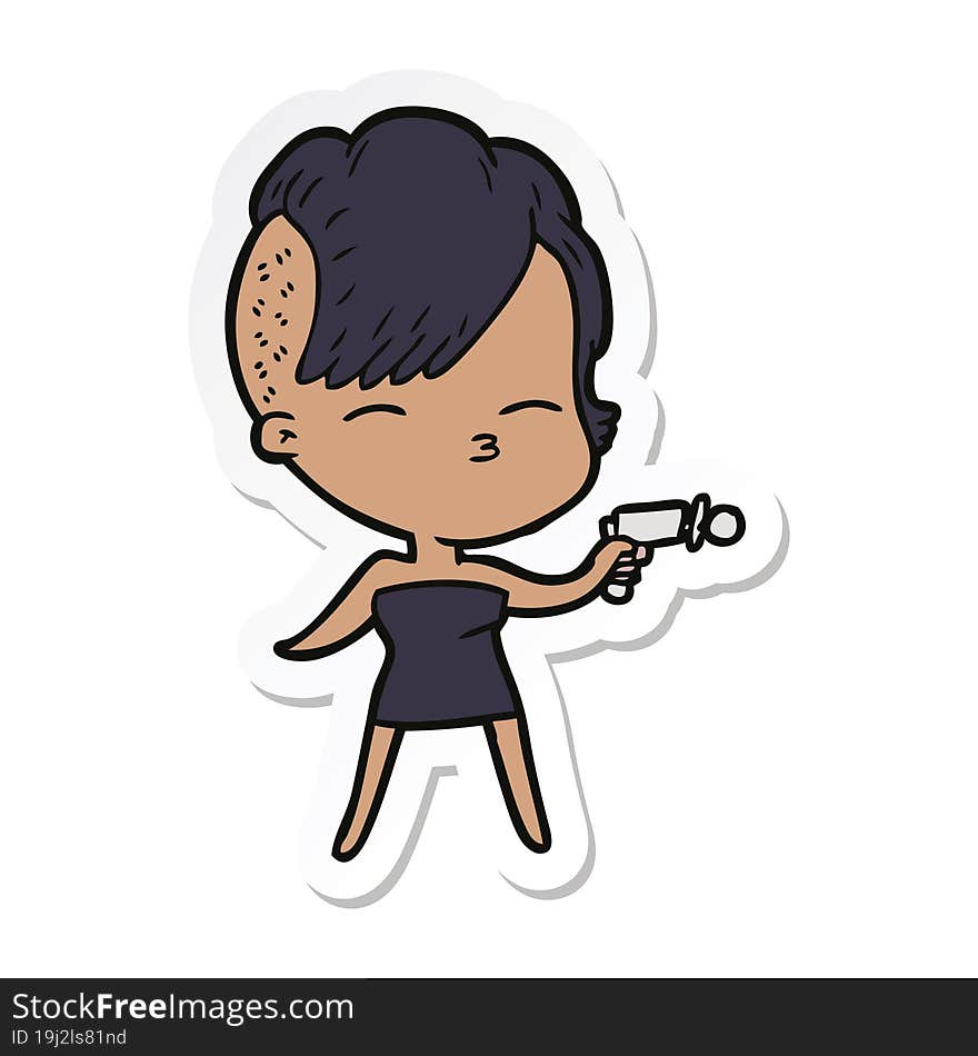 sticker of a cartoon squinting girl pointing ray gun