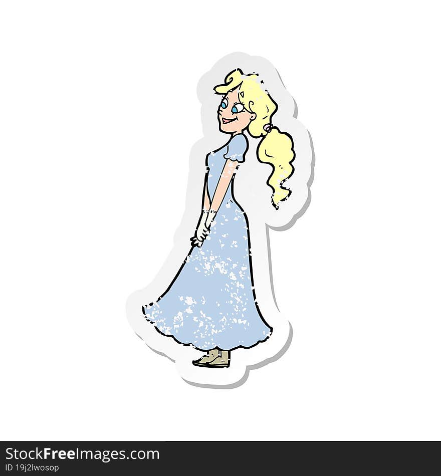 retro distressed sticker of a cartoon pretty woman in dress