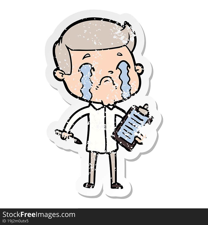 distressed sticker of a cartoon man crying