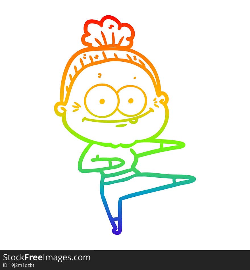 rainbow gradient line drawing of a cartoon happy old woman