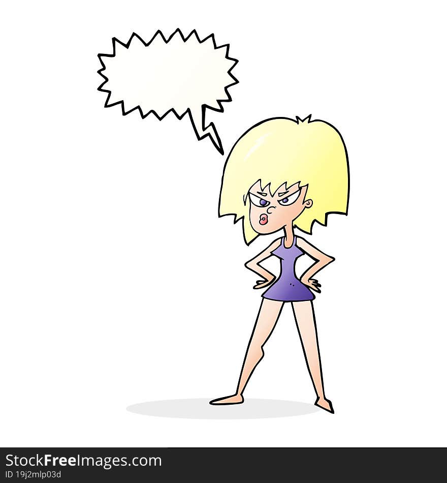 cartoon angry woman in dress with speech bubble