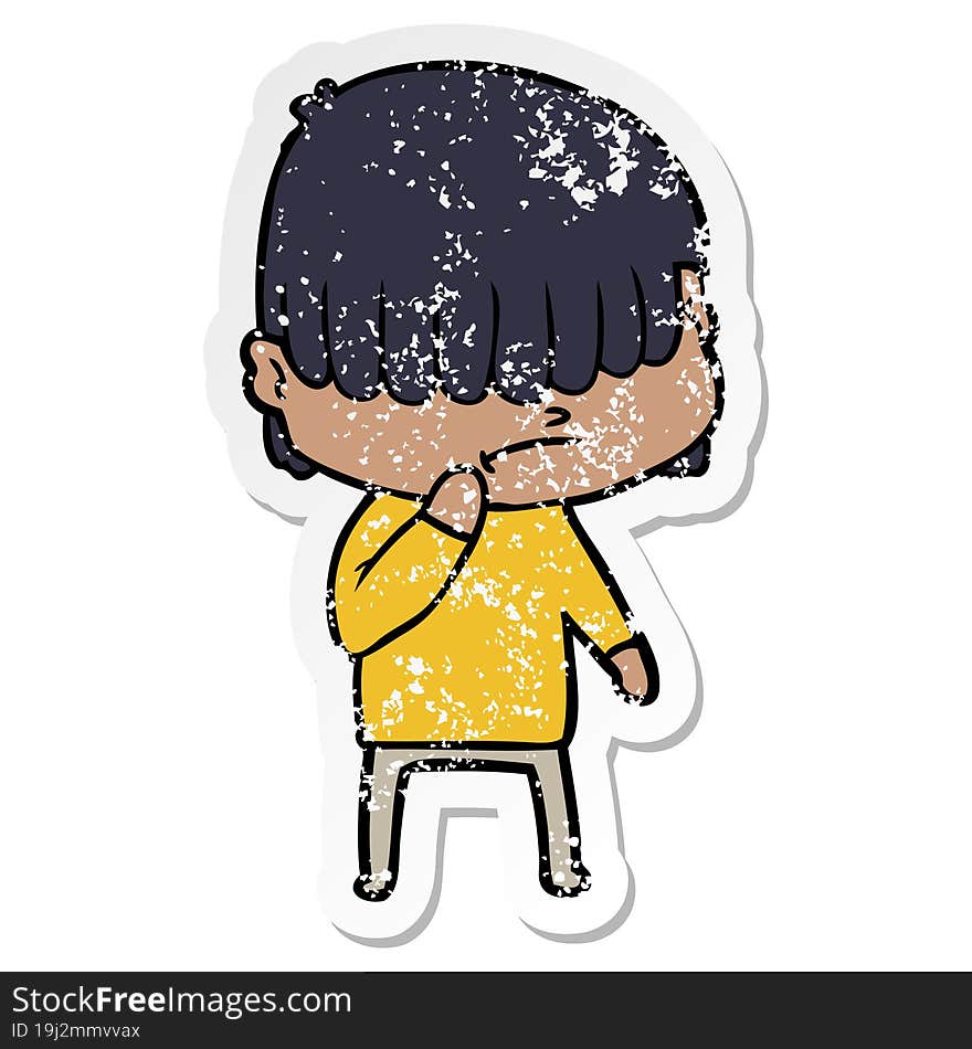 distressed sticker of a cartoon boy with untidy hair