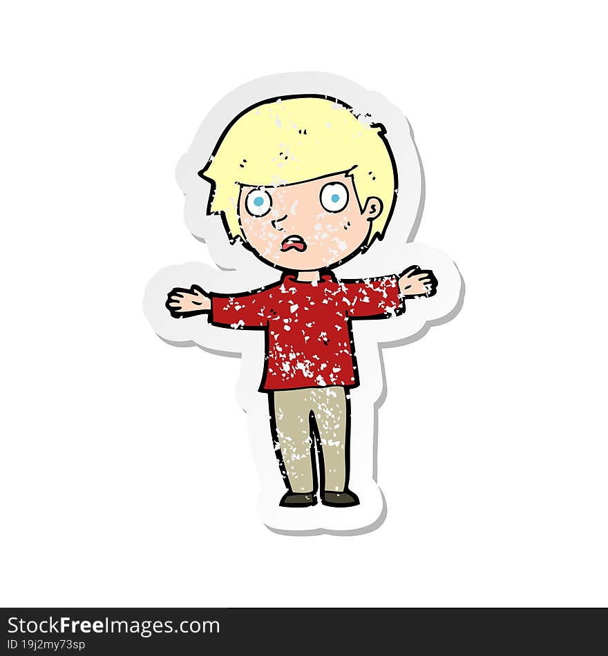 retro distressed sticker of a cartoon worried boy