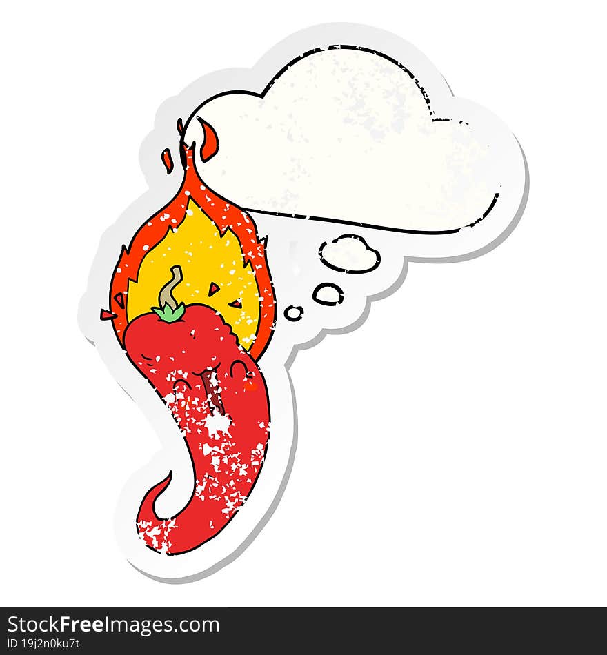 Cartoon Flaming Hot Chili Pepper And Thought Bubble As A Distressed Worn Sticker