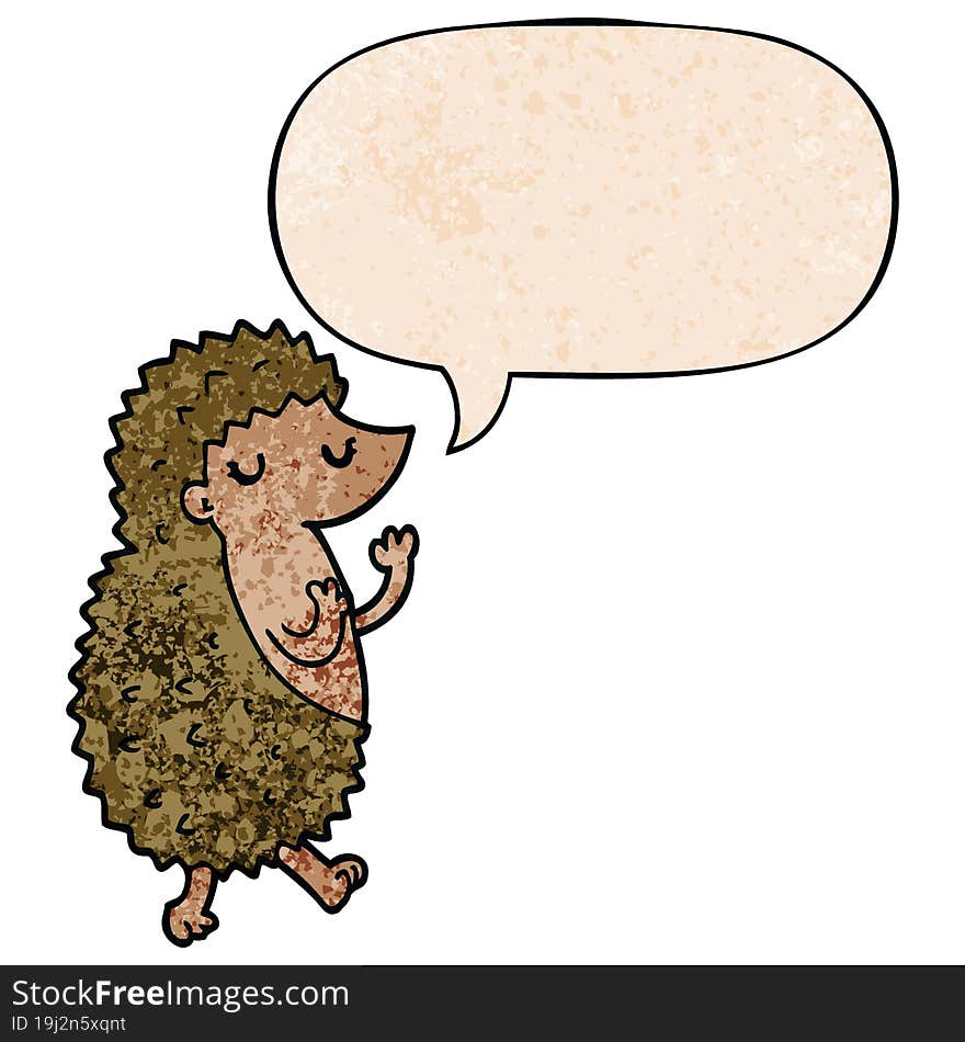 cartoon hedgehog and speech bubble in retro texture style