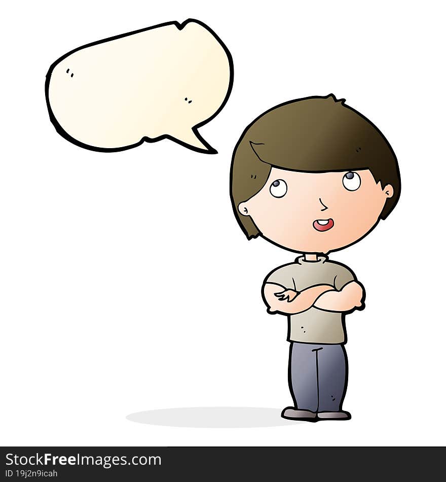 cartoon happy man with folded arm with speech bubble