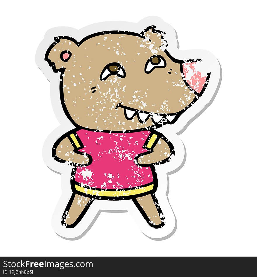 distressed sticker of a cartoon bear showing teeth