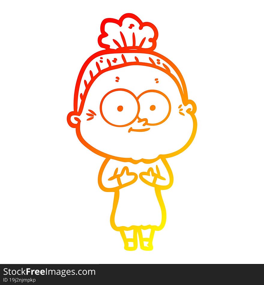 warm gradient line drawing of a cartoon happy old woman