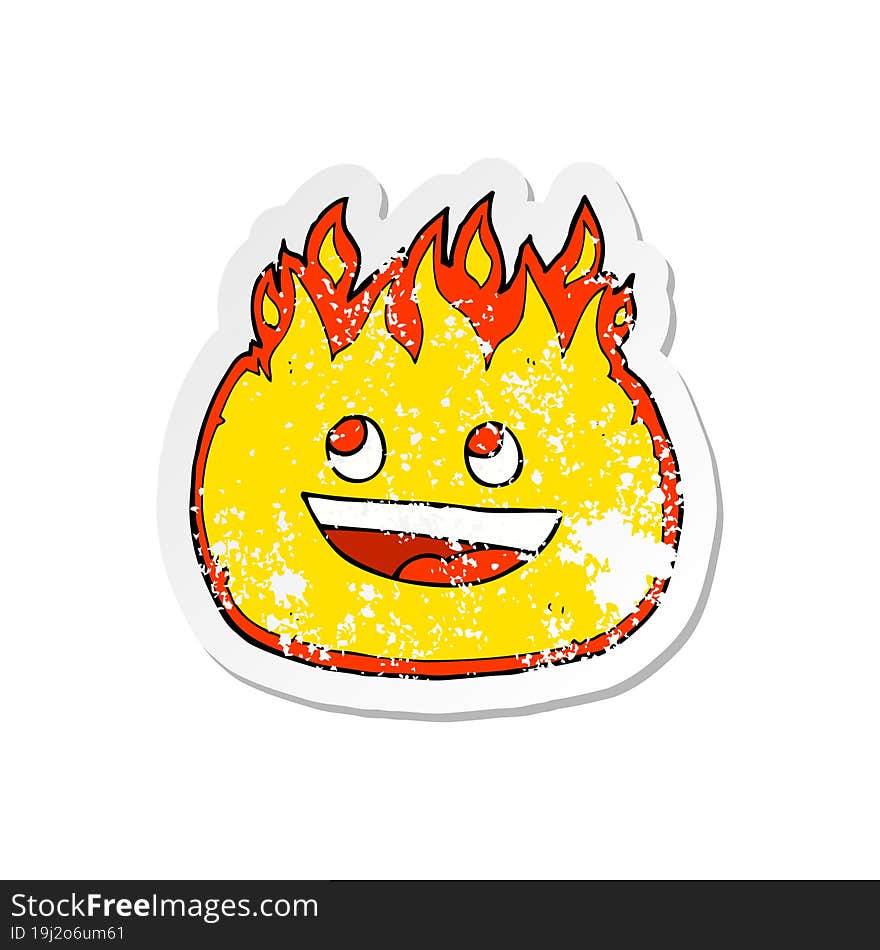 retro distressed sticker of a cartoon happy fire