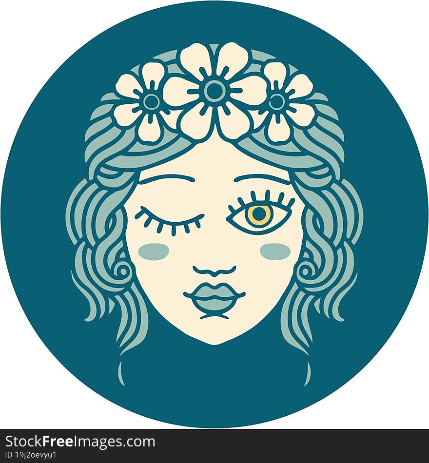 iconic tattoo style image of a maidens face winking. iconic tattoo style image of a maidens face winking