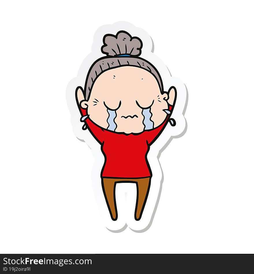 sticker of a cartoon old woman crying