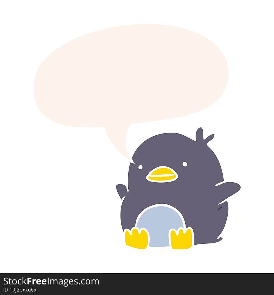 cute cartoon penguin and speech bubble in retro style