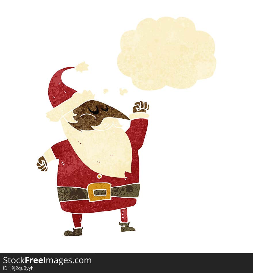 cartoon santa claus punching air with thought bubble