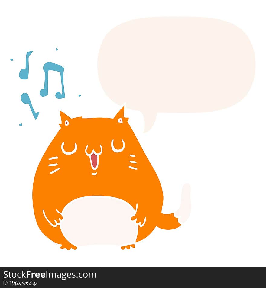 cartoon cat singing and speech bubble in retro style