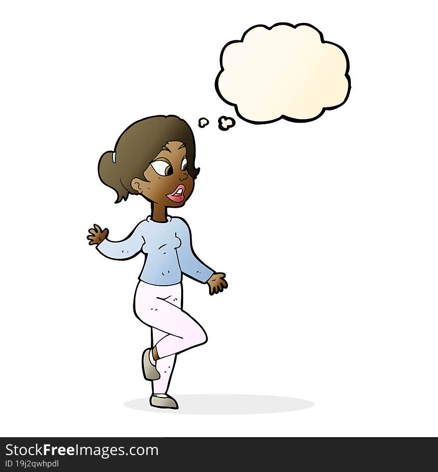 cartoon friendly woman waving with thought bubble