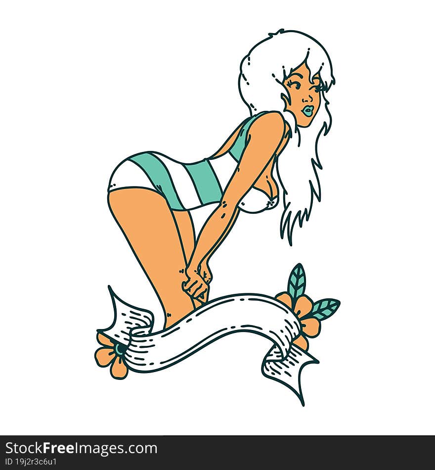 tattoo style icon  of a pinup girl in swimming costume with banner