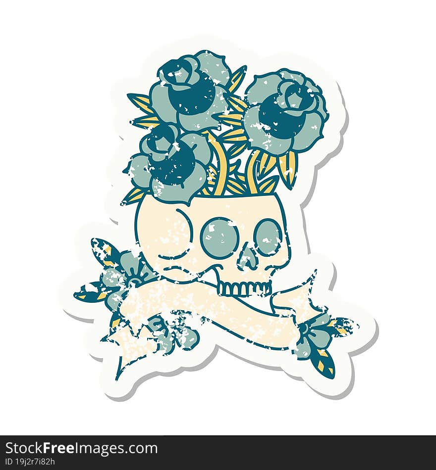 worn old sticker with banner of a skull and roses. worn old sticker with banner of a skull and roses