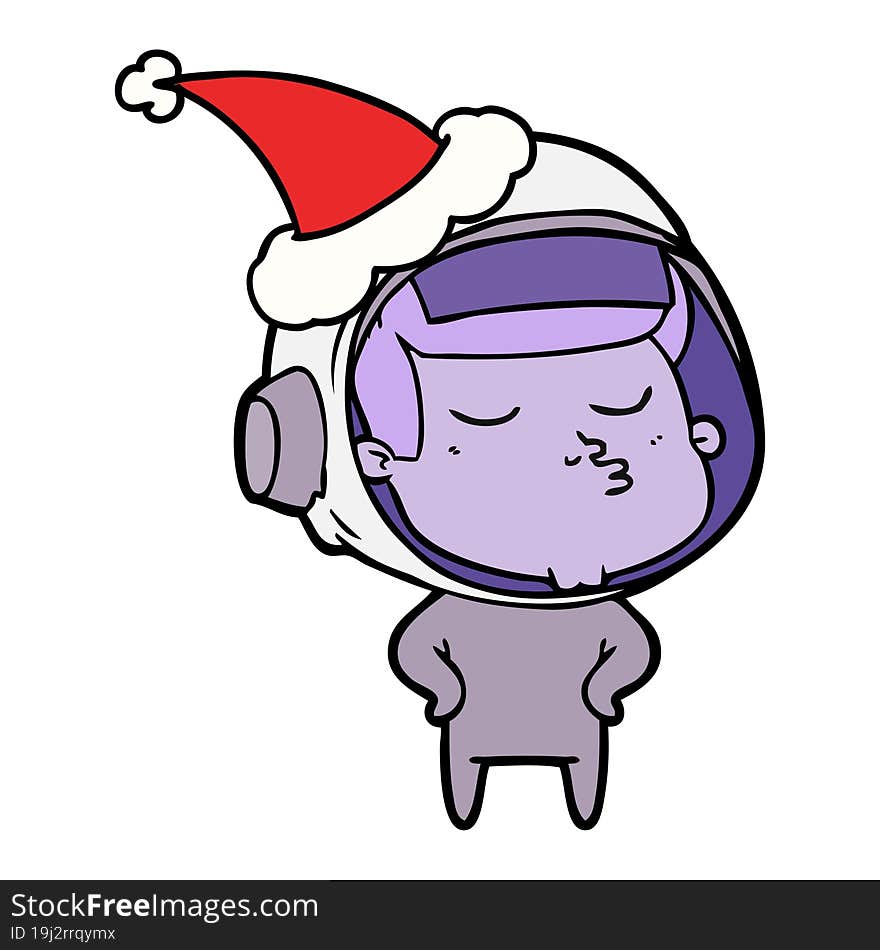 line drawing of a confident astronaut wearing santa hat