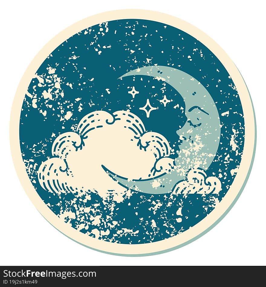 distressed sticker tattoo style icon of a crescent moon and clouds