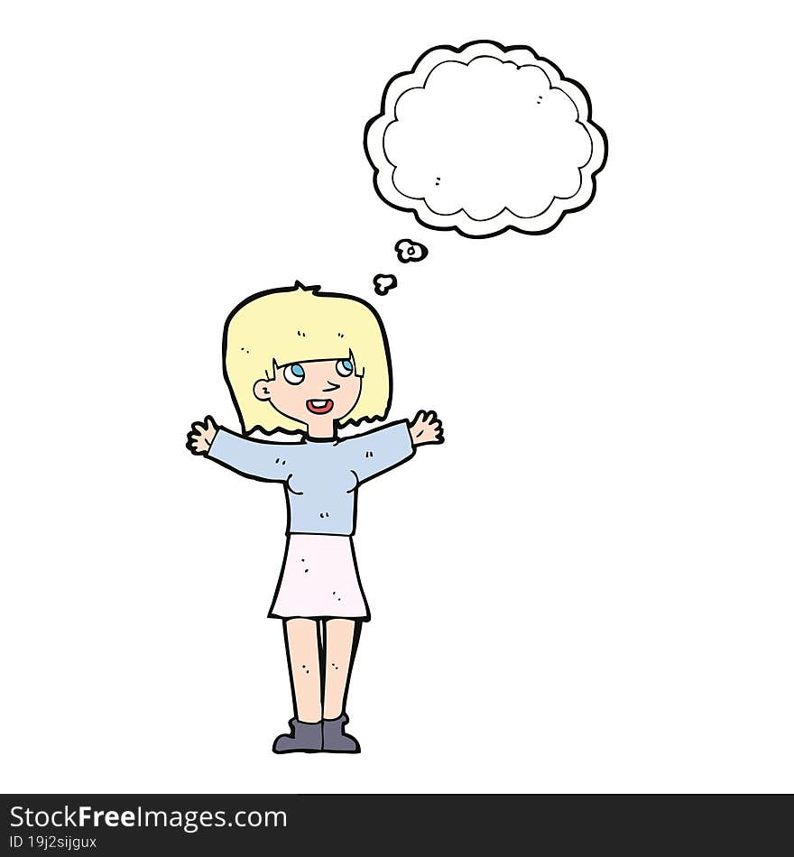 cartoon excited woman with thought bubble