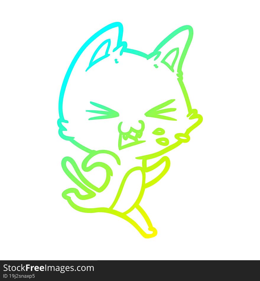 cold gradient line drawing of a cartoon cat hissing