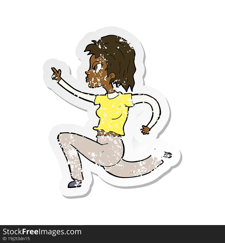 retro distressed sticker of a cartoon woman running and pointing