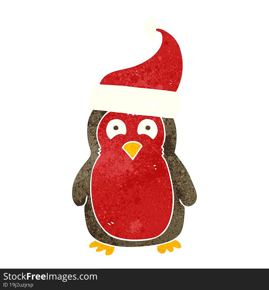 retro cartoon christmas robin wearing santa hat