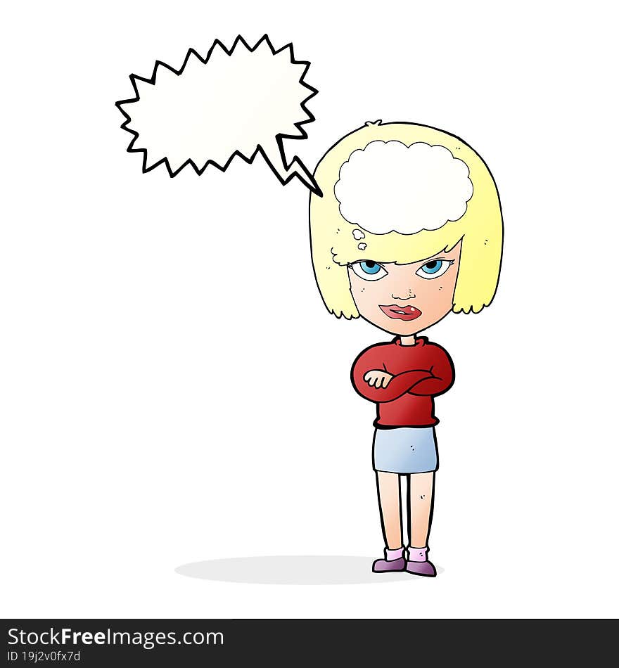 Cartoon Woman With Folded Arms Imagining With Speech Bubble