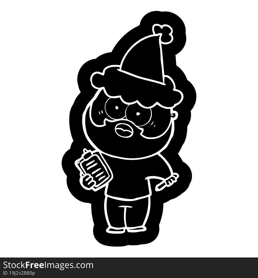 quirky cartoon icon of a bearded man with clipboard and pen wearing santa hat