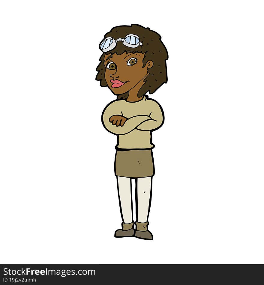 cartoon woman with crossed arms and safety goggles