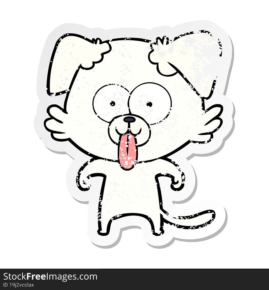 distressed sticker of a cartoon dog with tongue sticking out