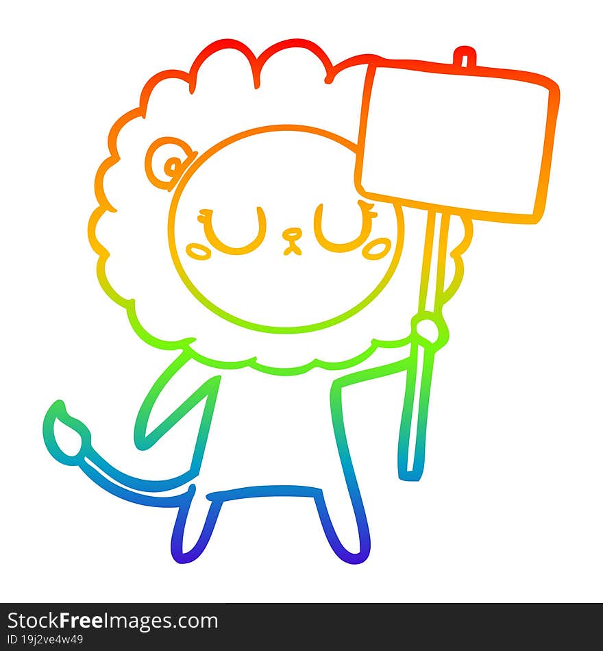 rainbow gradient line drawing cartoon lion with protest sign