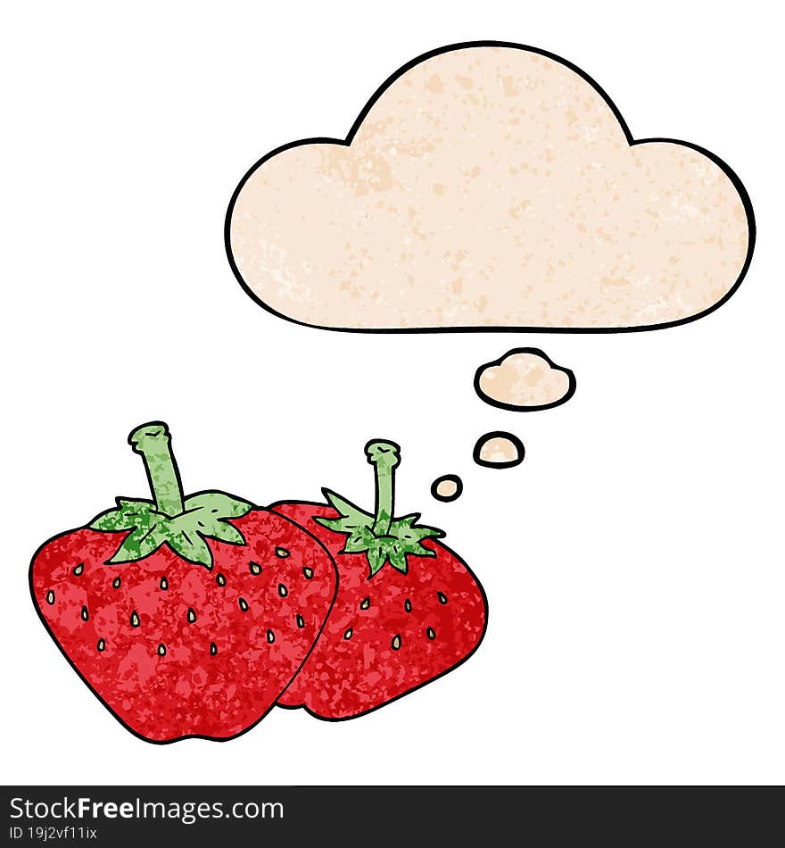 cartoon strawberry and thought bubble in grunge texture pattern style