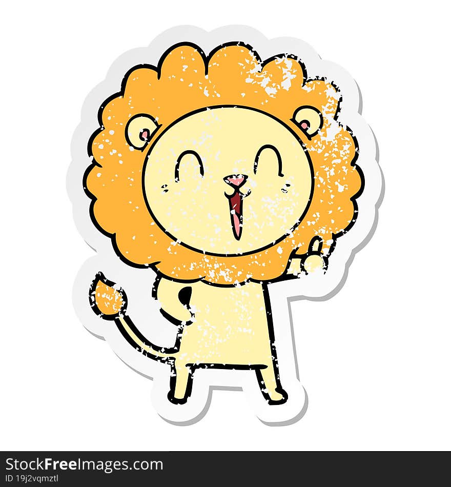 distressed sticker of a laughing lion cartoon