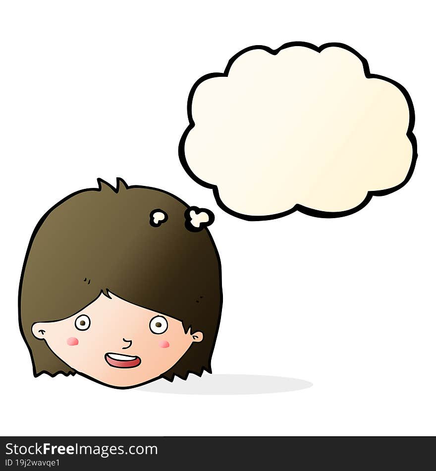 cartoon happy female face with thought bubble