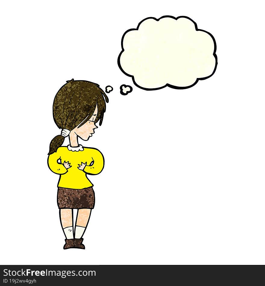 cartoon shy woman with thought bubble