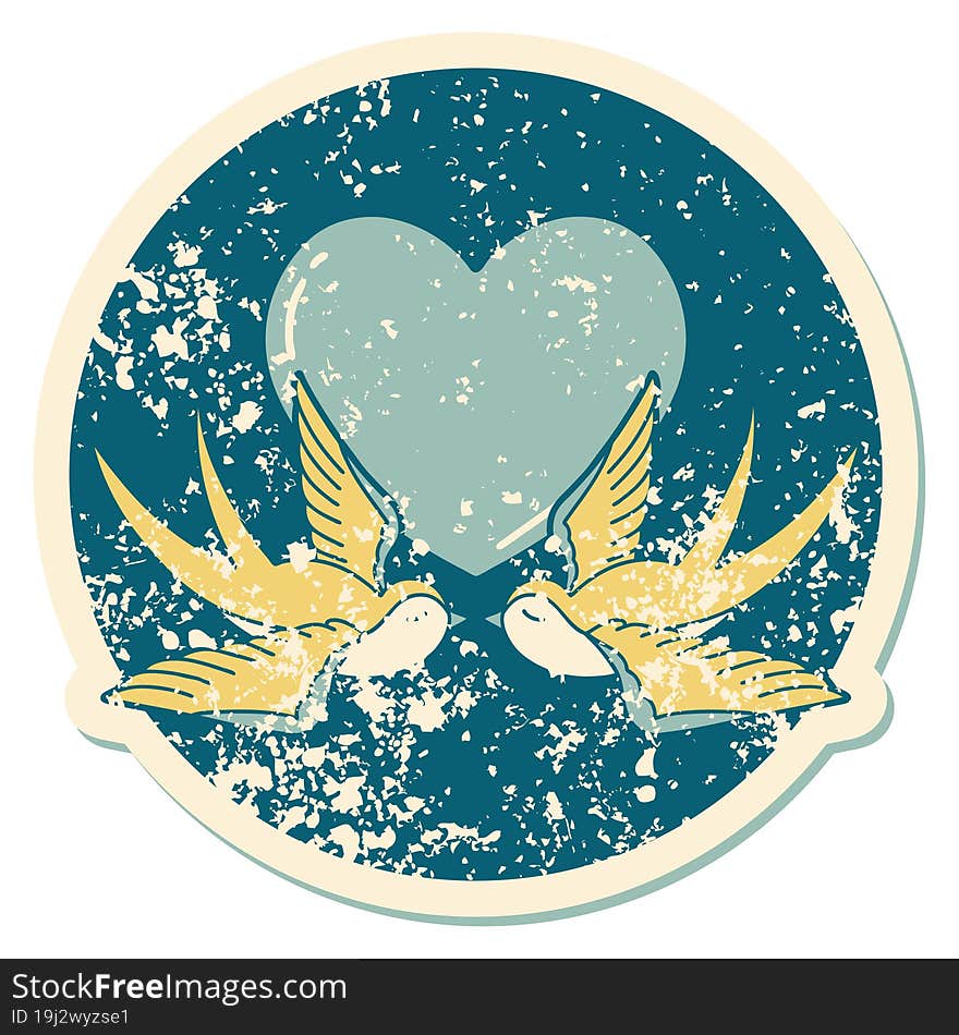 iconic distressed sticker tattoo style image of swallows and a heart. iconic distressed sticker tattoo style image of swallows and a heart