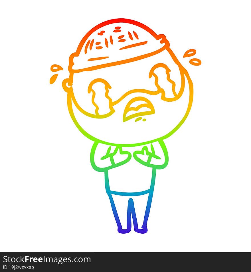 rainbow gradient line drawing of a cartoon bearded man crying