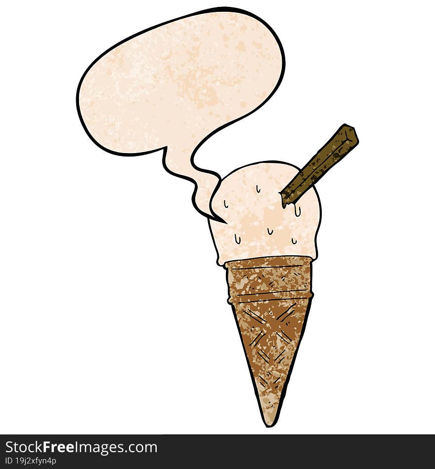 cartoon ice cream with speech bubble in retro texture style